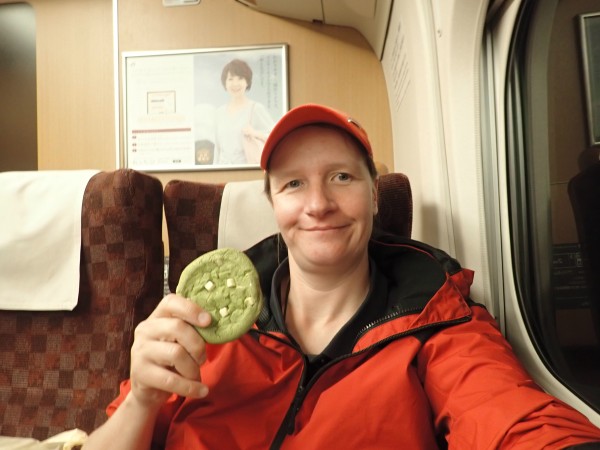 in the train with a green tea cookie
